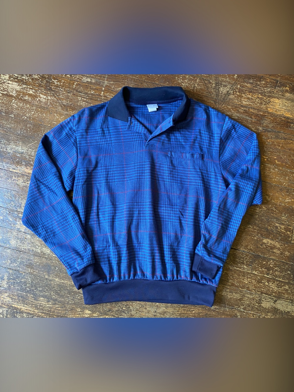 Vintage Casual Joe Navy and Red Checked Polo Sweatshirt Size MD